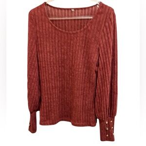 Burgundy Soft Knit Crew Neck Long Sleeve Rib Knit Design With 6 Button Cuff Top